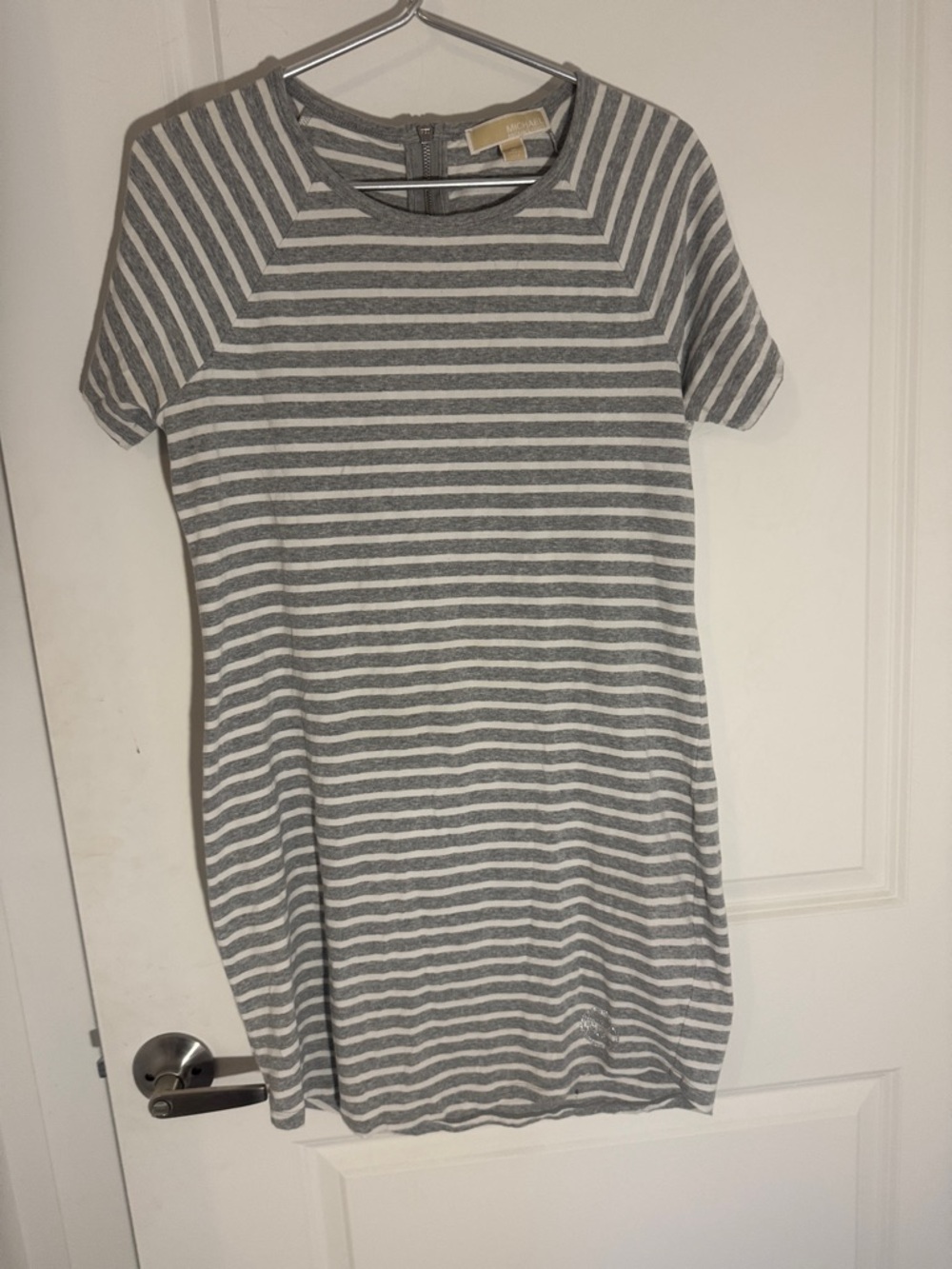 Michael Kors Gray and White Striped Short-Sleeve Mini Dress